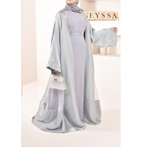 2023 verde liso Abaya elegante satén brillante seda bata abierta para mujeres ropa islámica modesta turca de Dubai para Eid Musli - Product Image 3