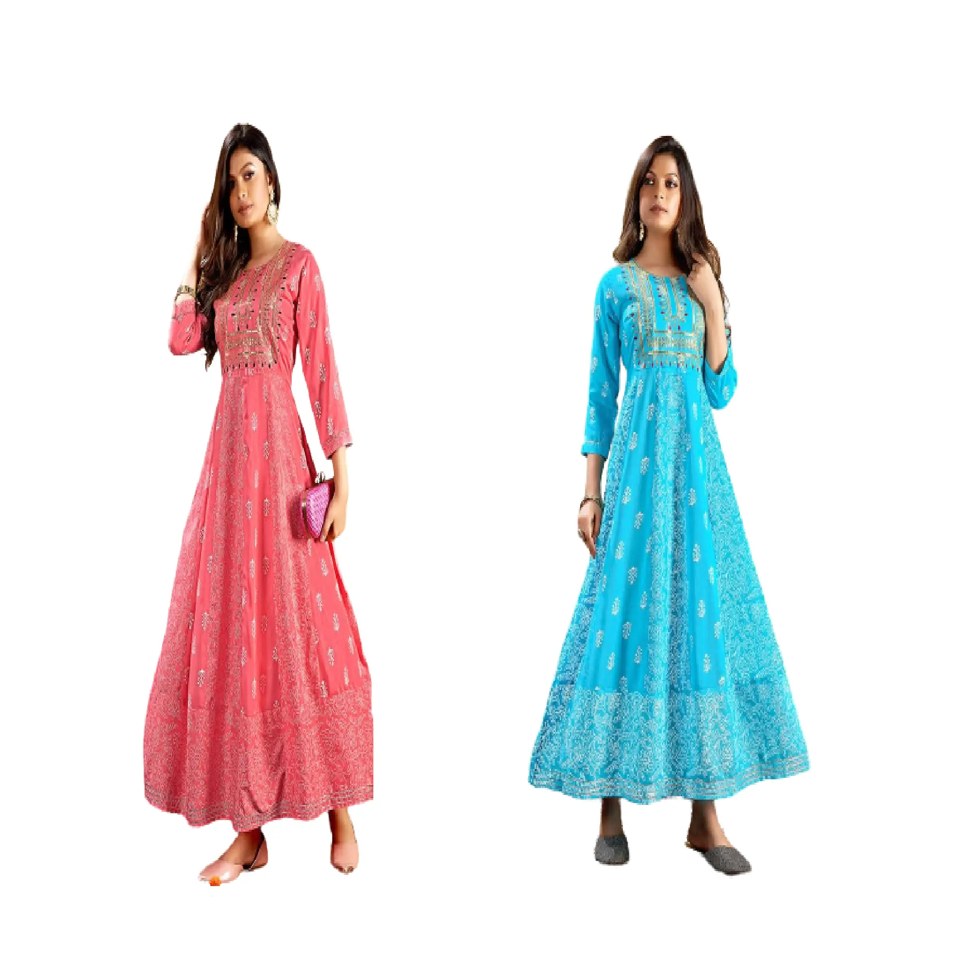 Ensemble Kurtis pour femmes en grande taille, imprimé Jaipuri, broderie, travail Long