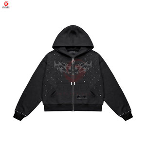 Streetwear personnalisé coton lourd brodé strass Logo recadrée fermeture éclair à capuche hommes surdimensionné bouffée impression Vintage - Product Image 1