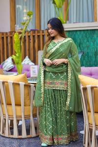 FABZONE Designer Vintage Indian Pakistani Lehenga Choli Dupatta <b>Set</b> Wedding Party Wear Quick Dry Loose Fit Matching Sharara - Product Image 2