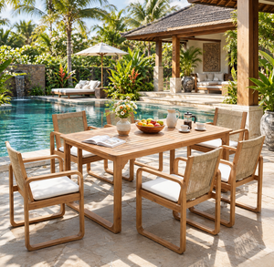 Conjunto de Mesa de Comedor para Exteriores, Madera de Teca Sólida, Muebles Minimalistas para Patio, Sillas Tejidas con Asientos Acolchados para Jardín, Patio, Hotel - Product Image 1