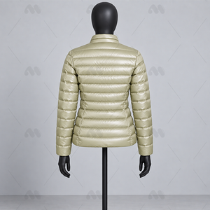 Women's Raw Woven Quilted Jacket <b>Light</b> Beige Full Sleeve Stand Collar Zipper Closure Winter Wear Silk <b>Shell</b> Polyester Wadding - Product Image 2