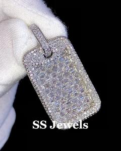 จี้925โรเดียมโมอิสซาไนต์สีเงินหรูหราจี้สุนัขบาแกตต์ทรงสี่เหลี่ยมสไตล์เล็บการตั้งค่าเครื่องประดับฮิปฮอปแร็ปเปอร์ผู้ชาย - Product Image 1