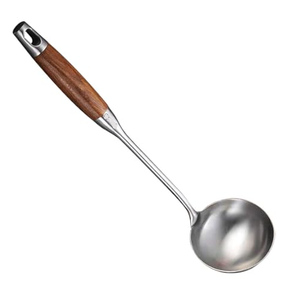 Nouvellement cuillère de cuisson en acier inoxydable fabricant gros manche en bois belle cuillère de service en acier cuillère de cuisson polyvalente - Product Image 1