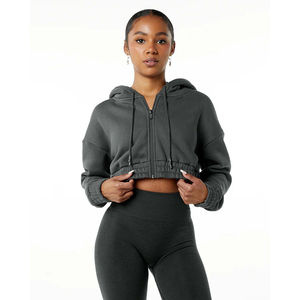 Sudadera con capucha corta de gran tamaño con cremallera completa para mujer de alta calidad 100% algodón estampado invierno blanco trazo hombro caído con capucha - Product Image 1