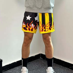 Shorts de basketball pour hommes 2026, noir et orange, avec imprimé flamme étoilée, décontractés, pour l'entraînement, athlétiques, en maille, pantalon de course, motif uni - Product Image 2