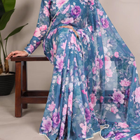 Saree léger en georgette en fausse fourrure avec motif floral, blouse respirante à bordure en dentelle perlée pour toutes les occasions