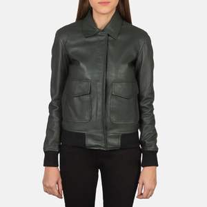 wholesale Green Leather Bomber Jacket OEM Service Available Casual Plain Dyed Technique high quality professional manufactures - Product Image 1