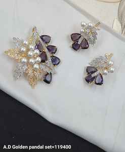 <b>FLOWER</b> STYLISH FASHIONABLE AMERICAN DIAMOND PENDENT SET &GOLD PLATED CLASSIC WITHOUT CHAIN PENDENT NECKLACE SET WOMEN & <b>GIRL</b> - Product Image 1