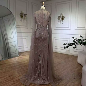 Robe de soirée élégante en satin 2025, col haut, manches cape, caramel, imprimé cristal, perlage de luxe, robe longue jusqu'au sol - Product Image 3