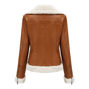 Custom Women's Brown Shearling Leather <b>Jacket</b> Faux Fur Lined Winter <b>Warm</b> Biker Coat Asymmetrical Zipper Casual Outerwear - Product Image 2