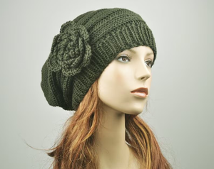 Women's Winter Wool Beret Hat Hand Knit Oversized <b>Bonnet</b> with Crochet Flower Charcoal/Dark Grey for Outdoor/Casual Wear - Product Image 6