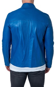 Chaqueta de piel de oveja para hombre con cuello azul ajustable y piel sintética chaqueta azul de piel de cordero suave para hombre - Product Image 6