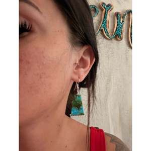 Navajo Green Mohave Turquoise & Sterling <b>Silver</b> Drop <b>Earrings</b> Geometric Slab <b>Dangle</b> Design Handmade - Product Image 1
