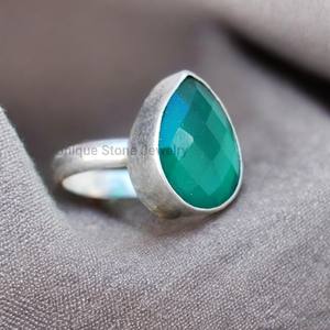 Handmade 925 Sterling <b>Silver</b> <b>Ring</b> with Natural Green Onyx Gemstone 18K Gold Diamond Bezel Setting <b>Statement</b> Jewelry for Women - Product Image 3