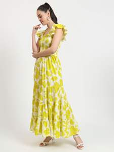 Sati usine femmes décontracté Floral Maxi robe jaune blanc motif à volants manches étage longueur robe de bal taille tombée-pour - Product Image 2