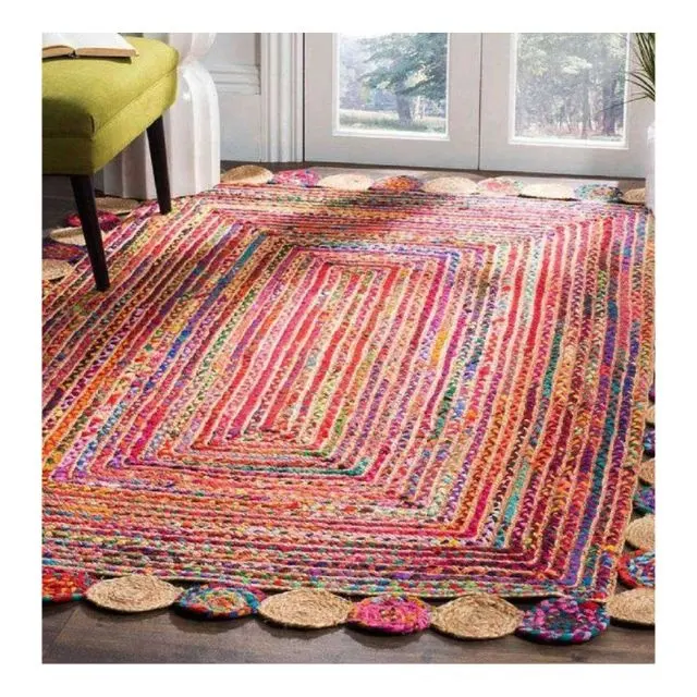 Best Grade Colorful Braided Retro Embroidered Hand Woven Cotton Linen Carpet Geometric Floor Mat Home Decor Carpets For Bed Room