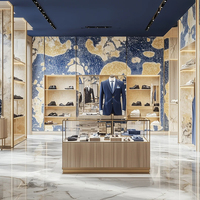 Exhibición de Lujo para Tienda de Ropa Masculina: Interior con Panel de Arte Floral Azul, Sistema de Exhibición Dorado, Juego Completo de Muebles para Boutique de Moda Masculina