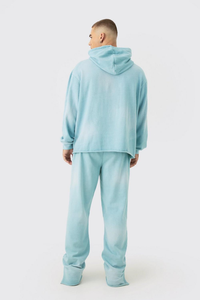 Sudadera con capucha desgastada para hombre de gran tamaño azul claro, ropa de calle Vintage, pantalones de chándal, chándal LAVADO DE Terry francés de peso pesado - Product Image 2