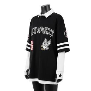 Maillot de rugby pour femme en coton et polyester de qualité supérieure, double couche, manches noires, empiècements rayés, logo brodé, maillot de rugby pour femme en coton - Product Image 4