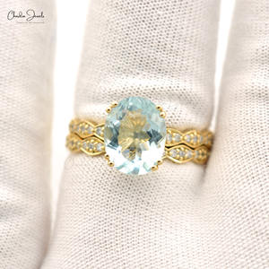 แหวนทองคำแท้ 14k สีเหลืองทอง ประดับพลอยอะความารีนทรงรีขนาด 10x8 มม. และเพชรแบบฝัง แหวนแต่งงาน ของขวัญสำหรับเจ้าสาว ไซส์ 7 จากผู้จัดจำหน่ายยอดนิยม - Product Image 6