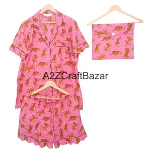 Conjunto de Pijama de Algodón Puro Estampado Floral Hecho a Mano para Mujer, Conjunto de Pijama Ligero con Estampado a Mano, Conjuntos de Ropa de Dormir - Product Image 1