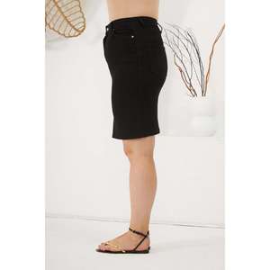 RMG Women's Plus Size Black Denim <b>Skirt</b>, High Waist Stretch Cotton Blend, Casual Knee-Length A-Line Style for Summer - Product Image 2