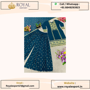 Faux Georgette lourde avec une séquence de broderie lourde avec un vrai travail de miroir et une bordure en dentelle fantaisie - Product Image 5