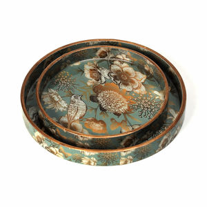 Ensemble de plateaux de service en bois enduit d'émail rond fait à la main Ensemble de plateaux de cuisine en résine de luxe et MDF avec oiseaux décoratifs en or blanc - Product Image 4