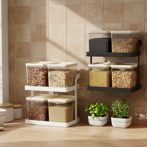 Portaspezie da Parete a Due Livelli in Metallo Verniciato a Polvere Salvaspazio con 4 Barattoli per Organizzazione Cucina - Product Image 1