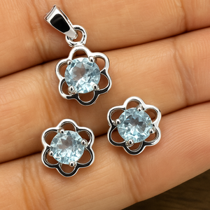 Ensemble tendance de collier et boucles d'oreilles pendantes en argent sterling 925, 3 pièces, topaze bleue, plaqué or, floral, fiançailles, mariage, anniversaire - Product Image 2