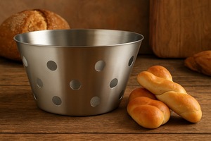 Panier à pain moderne en acier inoxydable de haute qualité, découpes circulaires, finition mate, poignée en métal écologique, durable et multifonctionnel - Product Image 3