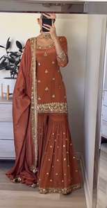 Elegante traje marrón café bordado tradicional con hilo rico de Palazzo y Dupatta para bodas festivas y ropa de fiesta - Product Image 3