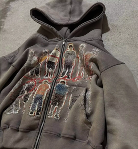 แจ็กเก็ตสไตล์วินเทจแบบรูดซิปมีฮู้ดน้ำหนักหนักแบบรูดซิปพิมพ์ลาย DTG DTF - Product Image 2