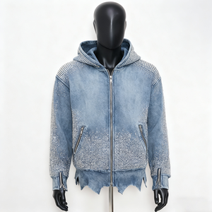 Sudadera con Capucha de Mezclilla con Cremallera, Estilo Urbano, 100% Algodón Grueso, Fabricantes de Ropa Urbana, Lavado Ácido Vintage, Talla Grande, con Pedrería - Product Image 1