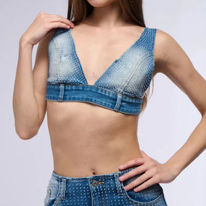 Tops en coton bleu personnalisés, mini-tops sexy, bralette tendance à lacets et à bretelles en poly pour femmes, design à bretelles courtes - Product Image 1