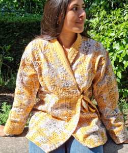 2024 Vintage <b>Women's</b> Kantha Kimono <b>Dress</b> Comfortable Short Length Bohemian <b>Jacket</b> Front Open Size Free Natural Summer Beach - Product Image 5