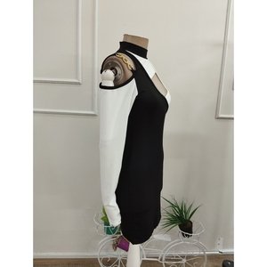 Robe scuba mini à manches longues et col roulé pour femme, coupe basse sur le devant, à une épaule, 37360 - Noir - Product Image 5