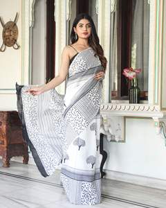 Alta Venta de algodón Malmal dibujado a mano hasta el suelo ligero Sari mujeres elegante fiesta desgaste hermosos colores Verano Indio - Product Image 4