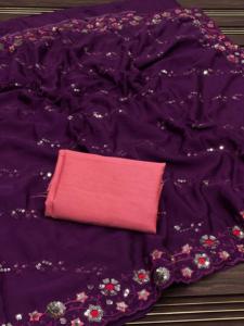 Saree en soie Chinon de couleur incroyable de qualité d'exportation indienne avec broderie de paillettes avec grossiste de travail coupé de l'Inde à vendre - Product Image 3