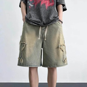 กางเกงขาสั้นผ้ายีนส์แฟชั่นสำหรับผู้ชายกางเกงขาสั้นเอวสูงแบบเชือกผูกเอวสูงสวมใส่สบายแนวสตรีทกางเกงขาสั้นลำลองทรงดาว - Product Image 2