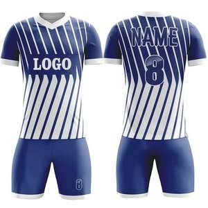 ชุดฟุตบอลแบบกำหนดเองสำหรับทุกเพศ ระบายอากาศได้ดี แห้งเร็ว สีดำลายทางสีน้ำเงิน เสื้อเจอร์ซีย์และกางเกงขาสั้น ชุดฝึกซ้อม น้ำหนักเบา คุณภาพสูง - Product Image 2