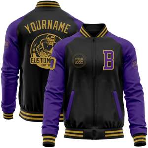 OEM Custom Manufacturing Whole Black Old Gold-<b>Purple</b> Bomber <b>Varsity</b> Letterman Two Tone Zipper <b>Jacket</b> - Product Image 1