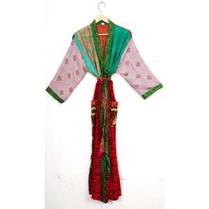 Indian Vintage Style Elegant Recycled Patchwork Sari <b>Kimono</b> Maternity Gown Women's 100% <b>Silk</b> Front V-neck Home Use Beachwear - Product Image 4