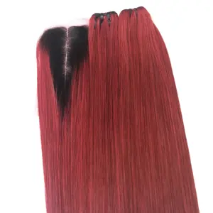 Wholesale Trending Ombre Wine Color Straight Hair Raw Unprocessed Transparent Lace Closure 100% Vietnamese Human Hair Extensions