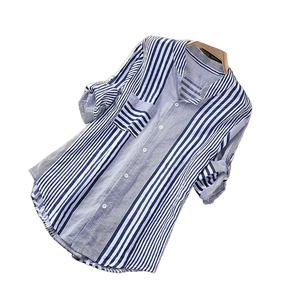 Phụ Nữ Của Chất Lượng Cao Polyester/Cotton Áo <span class=keywords><strong>Tops</strong></span> Lần Lượt Xuống Cổ Áo Cuộn Sọc Rộng Tay Áo Giản Dị Nút Áo Mùa Xuân Đơn Giản - Product Image 4