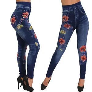 Op Maat Gemaakte Hoge Kwaliteit Vrouwen Jeans Broek Nieuw Ontwerp Distressed Mid Taille Rekbare Bedrukte Bloem Skinny Gescheurde Vrouwen Jean Broek