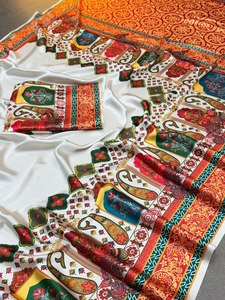 ผ้าส่าหรีผ้าฝ้ายมาเลย์แท้ ลายคาลัมคารีสุดหรู ขอบใหญ่ พิมพ์ลายดิจิทัล สไตล์วินเทจ สำหรับงานปาร์ตี้ - Product Image 4