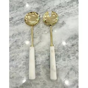 Exclusive Design <b>Gold</b> Metal Salad Server <b>Spoon</b> and Fork Set with White Resin Handle for Dining Table Salad Server Sets - Product Image 5