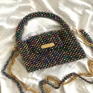 Sofisticado bolso con cuentas de cristal gris ahumado, patrón de cuentas, detalles de hilo dorado, asas redondeadas dobles, embrague hecho a mano - Product Image 6